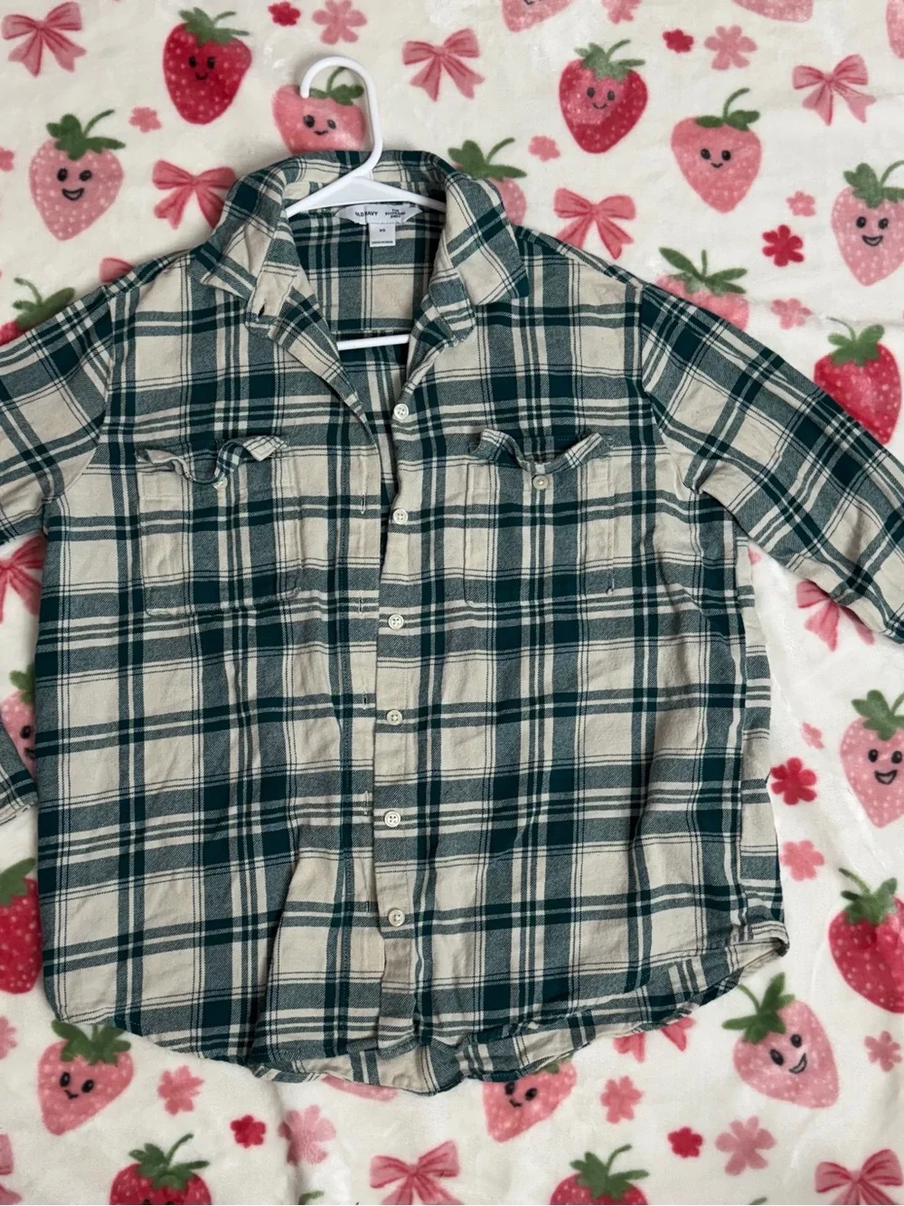 Old Navy Green and Cream Plaid Button-Down Kids Shirt